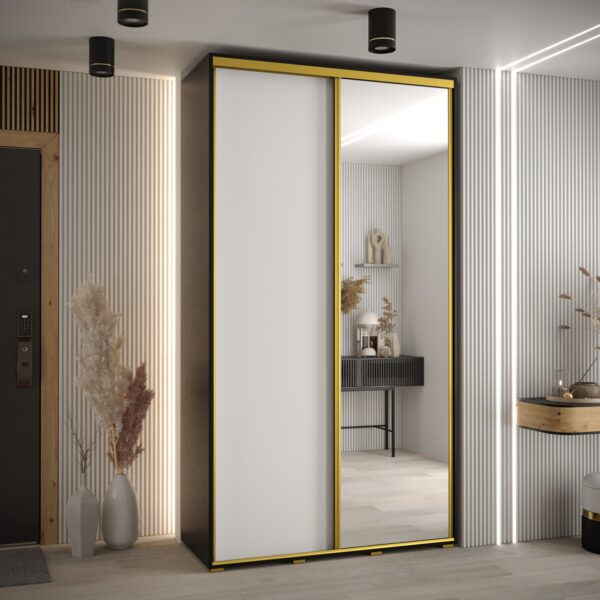 Szafa CANNES 3 -140 45 cm głebokość. Korpus czarny , front białe  ,lustro i złota listwa