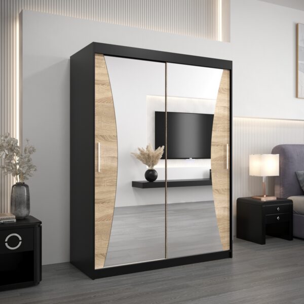 Szafa MONACO 150 cm, korpus w kolorze czarnym fronty dąb sonoma z lustrem