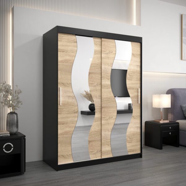 Kledingkast SOLANA 150 cm, romp in de kleur zwart, fronten in eiken sonoma met spiegel.
