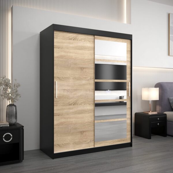 Kledingkast RENO 1 150 cm, romp in de kleur zwart, fronten in eiken sonoma met spiegel.