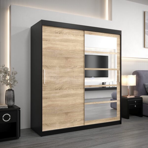 Kledingkast RENO 1 180 cm, romp in de kleur zwart, fronten in eiken sonoma met spiegel.