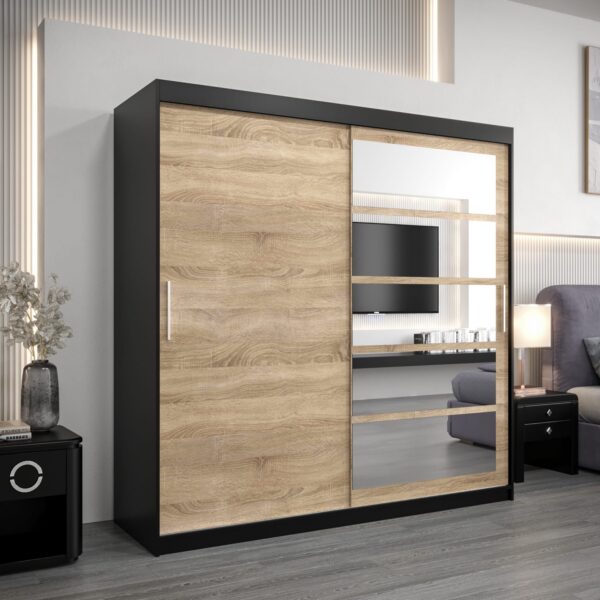 Kledingkast RENO 1 200 cm, romp in de kleur zwart, fronten in eiken sonoma met spiegel.