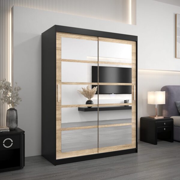 Kledingkast RENO 2 150 cm, romp in de kleur zwart, fronten in eiken sonoma met spiegel.
