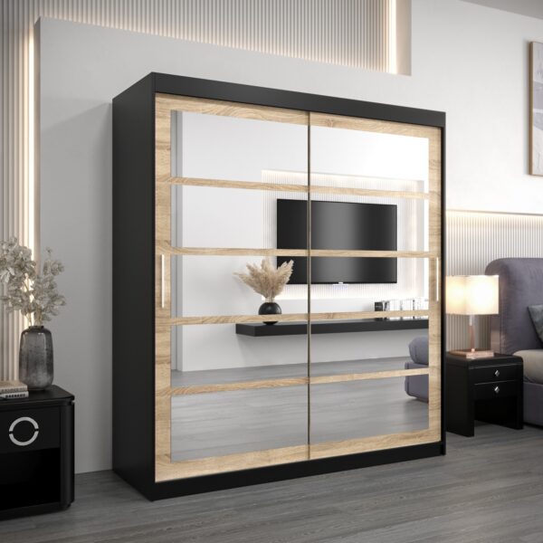 Kledingkast RENO 2 180 cm, romp in de kleur zwart, fronten in eiken sonoma met spiegel.