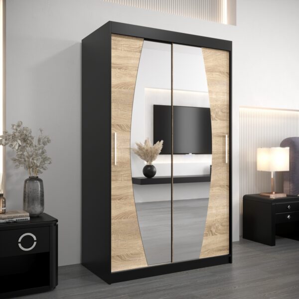 Kledingkast ELIPSO 120 cm, corpus in de kleur zwart, fronten sonoma eiken met spiegel.