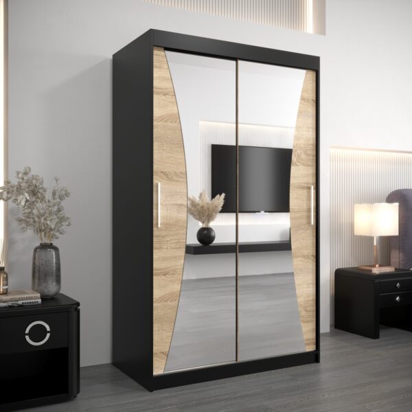 Kledingkast MONACO 120 cm, romp in de kleur zwart, fronten in eiken sonoma met spiegel.