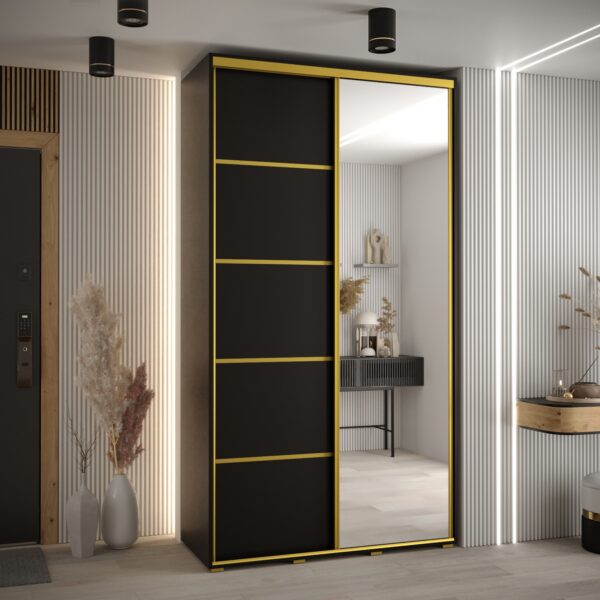 Szafa CANNES 5 -140 szerokość 45 cm. Korpus czarny , front czarny listwa złota i lustro