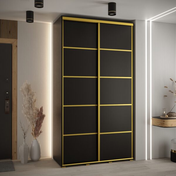 Szafa CANNES 4- 140 szerokość 45 cm. Korpus czarny , front czarny listwa złota