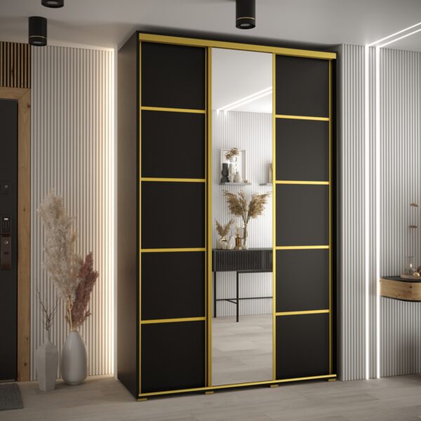 Szafa CANNES 5 -160 szerokość 45 cm. Korpus czarny , front czarny listwa złota i lustro