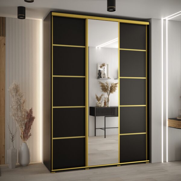 Szafa CANNES 5 -180 szerokość 45 cm. Korpus czarny , front czarny listwa złota i lustro