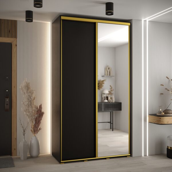 Szafa CANNES 3 -130 45 cm głebokość. Korpus czarny, front czarny ,lustro i złota listwa