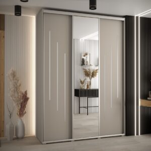 Szafa DAKOTA 9 180 głębokość 60 cm korpus kaszmir, fronty kaszmir srebrna listwa i lustro