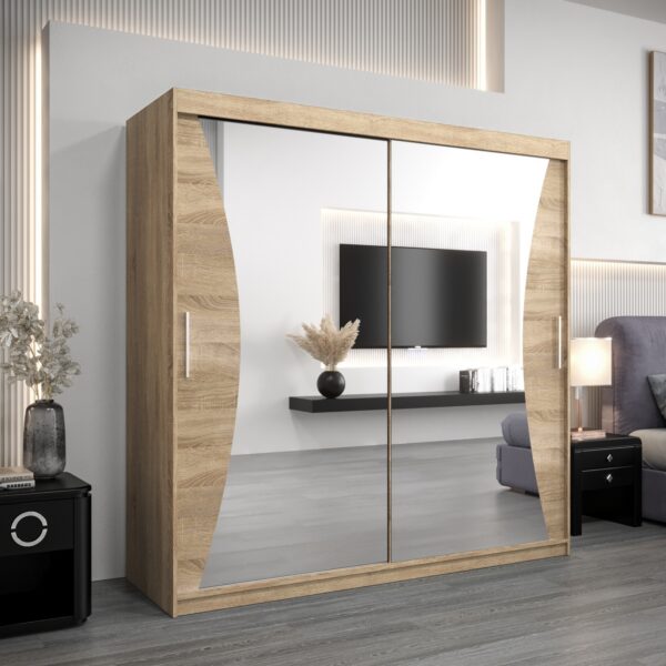 Szafa MONACO 200 cm, korpus w kolorze dąb sonoma fronty dąb sonoma z lustrem