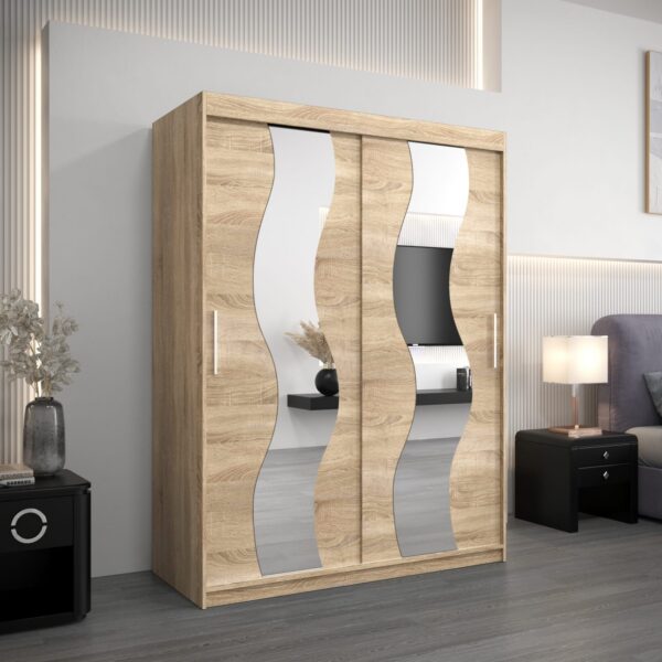 Kledingkast SOLANA 150 cm, romp in de kleur eiken sonoma, fronten in eiken sonoma met spiegel