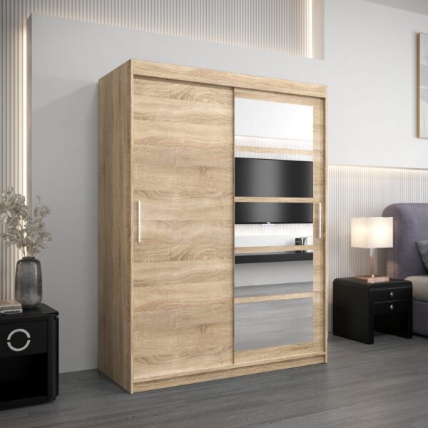 Kledingkast RENO 1 150 cm, romp in de kleur eiken sonoma, fronten in eiken sonoma met spiegel.