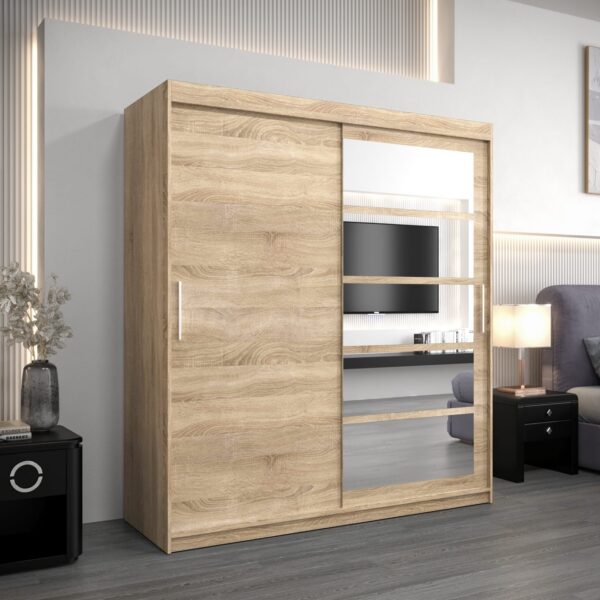 Kledingkast RENO 1 180 cm, romp in de kleur eiken sonoma, fronten in eiken sonoma met spiegel.