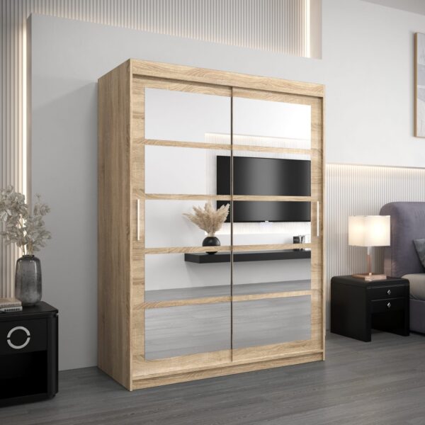 Kledingkast RENO 2 150 cm, romp in de kleur eiken sonoma, fronten in eiken sonoma met spiegel.