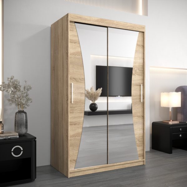 Kledingkast MONACO 120 cm, romp in de kleur eiken sonoma, fronten in eiken sonoma met spiegel.