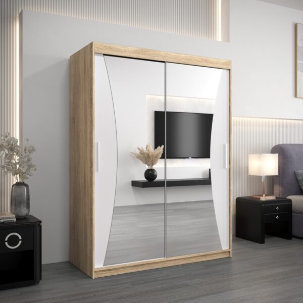 Szafa MONACO 150 cm, korpus w kolorze dąb sonoma fronty biały z lustrem