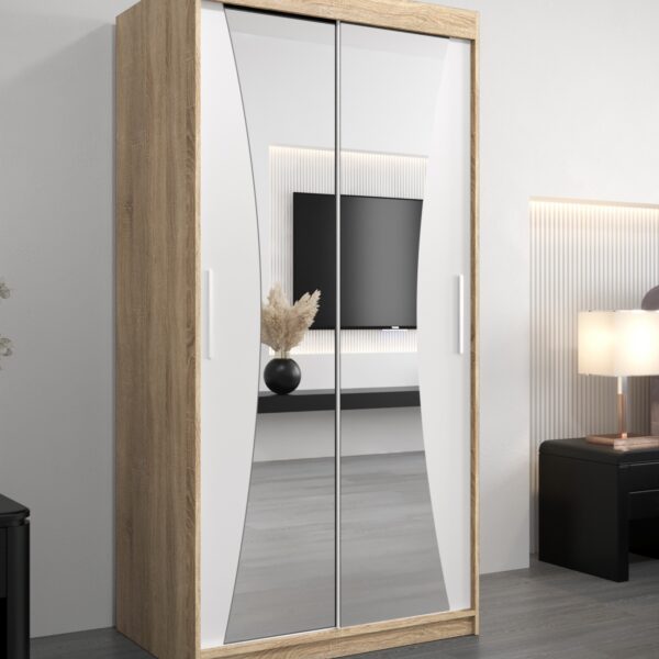 Kledingkast MONACO 100 cm, romp in de kleur eiken sonoma, fronten in wit met spiegel.