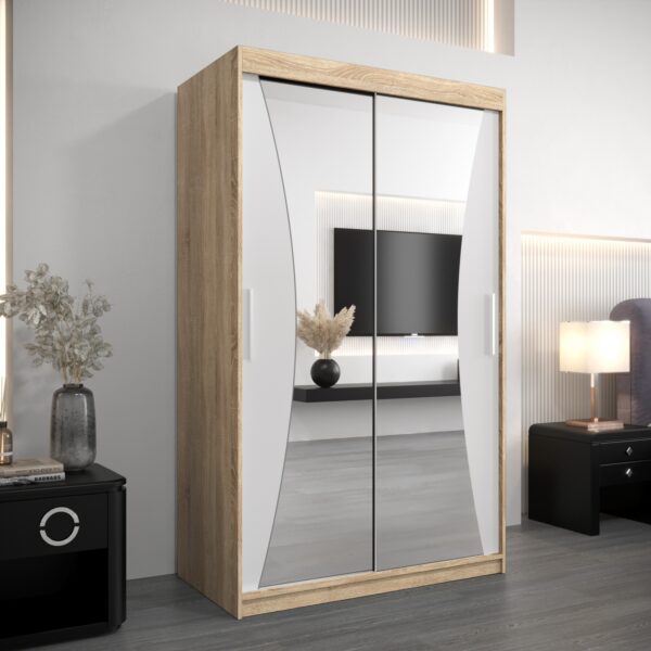 Kledingkast MONACO 120 cm, romp in de kleur eiken sonoma, fronten in wit met spiegel.