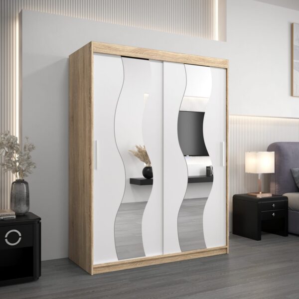 Kledingkast SOLANA 150 cm, romp in de kleur eiken sonoma, fronten in wit met spiegel.