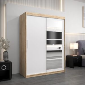 Kledingkast RENO 1 150 cm, romp in de kleur eiken sonoma, fronten in wit met spiegel.