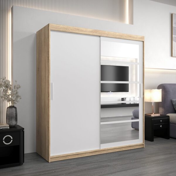 Kledingkast RENO 1 180 cm, romp in de kleur eiken sonoma, fronten in wit met spiegel.