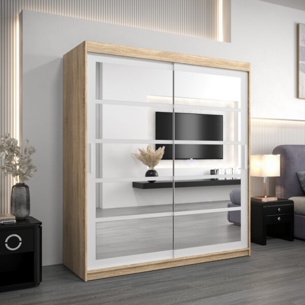 Kledingkast RENO 2 180 cm, romp in de kleur eiken sonoma, fronten in wit met spiegel.