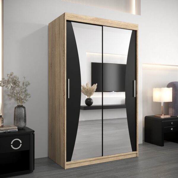 Kledingkast MONACO 120 cm, romp in de kleur eiken sonoma, fronten in zwart met spiegel
