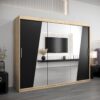 Kledingkast RHOMB 250 cm, romp in de kleur eiken sonoma, fronten in zwart met spiegel.
