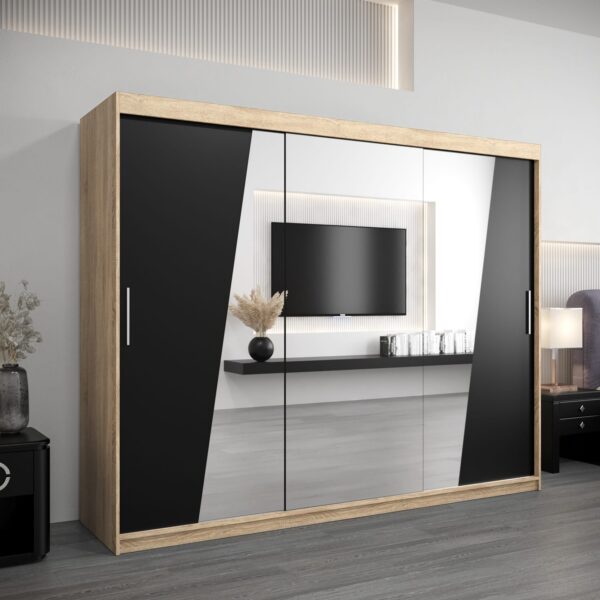 Kledingkast RHOMB 250 cm, romp in de kleur eiken sonoma, fronten in zwart met spiegel.