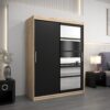 Kledingkast RENO 1 150 cm, romp in de kleur eiken sonoma, fronten in zwart met spiegel.