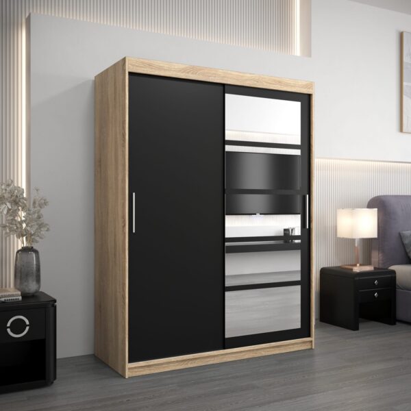 Kledingkast RENO 1 150 cm, romp in de kleur eiken sonoma, fronten in zwart met spiegel.