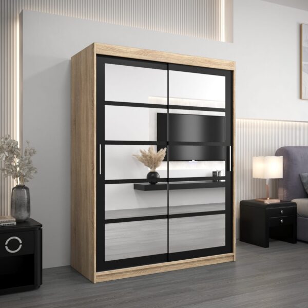 Kledingkast RENO 2 150 cm, romp in de kleur eiken sonoma, fronten in zwart met spiegel.