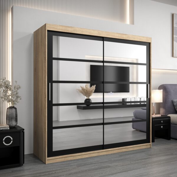 Kledingkast RENO 2 180 cm, romp in de kleur eiken sonoma, fronten in zwart met spiegel.