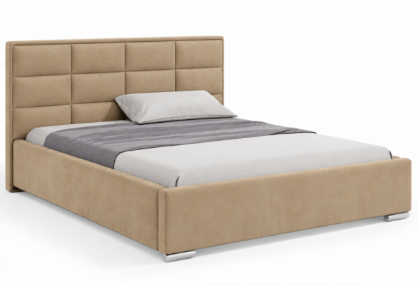 Moet gestoffeerd bed met opbergruimte in meubelstof Casablanca 2302, voorzien van een hoog hoofdbord met elegante vierkante vlakverdeling.
