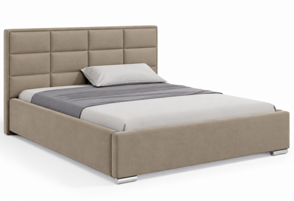 Moet gestoffeerd bed met opbergruimte in meubelstof Casablanca 2303, voorzien van een hoog hoofdbord met elegante vierkante vlakverdeling.