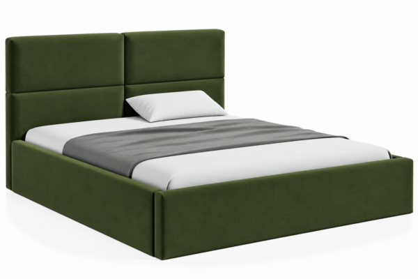 VELLO II gestoffeerd bed met opbergruimte in vlekbestendige stof Casablanca, met een hoog hoofdbord en horizontale vlakverdeling.