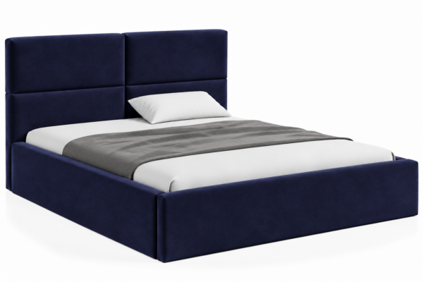 VELLO II gestoffeerd bed met opbergruimte in vlekbestendige stof Casablanca, met een hoog hoofdbord en horizontale vlakverdeling.