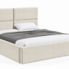 VELLO II gestoffeerd bed met opbergruimte in vlekbestendige stof Casablanca, met een hoog hoofdbord en horizontale vlakverdeling.