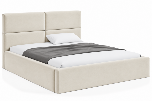 VELLO II gestoffeerd bed met opbergruimte in vlekbestendige stof Casablanca, met een hoog hoofdbord en horizontale vlakverdeling.
