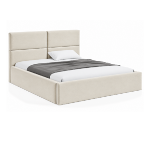 VELLO II gestoffeerd bed met opbergruimte in vlekbestendige stof Casablanca, met een hoog hoofdbord en horizontale vlakverdeling.
