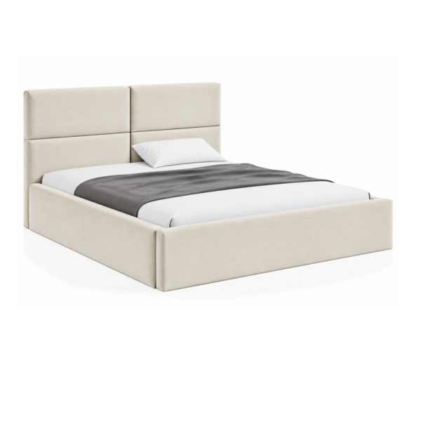 VELLO II gestoffeerd bed met opbergruimte in vlekbestendige stof Casablanca, met een hoog hoofdbord en horizontale vlakverdeling.
