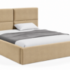 VELLO II gestoffeerd bed met opbergruimte in vlekbestendige stof Casablanca, met een hoog hoofdbord en horizontale vlakverdeling.