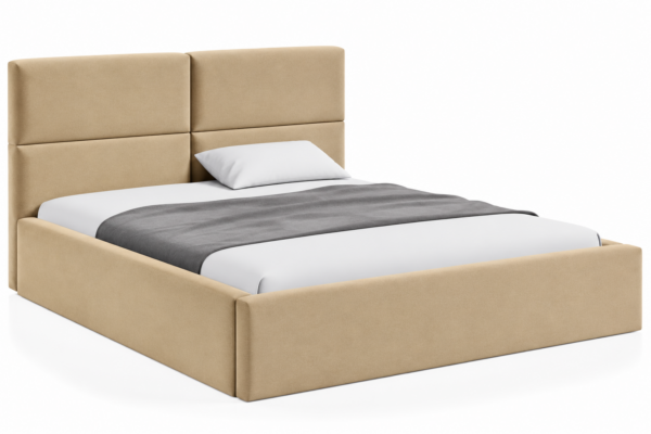 VELLO II gestoffeerd bed met opbergruimte in vlekbestendige stof Casablanca, met een hoog hoofdbord en horizontale vlakverdeling.