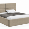 VELLO II gestoffeerd bed met opbergruimte in vlekbestendige stof Casablanca, met een hoog hoofdbord en horizontale vlakverdeling.
