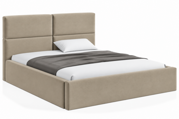 VELLO II gestoffeerd bed met opbergruimte in vlekbestendige stof Casablanca, met een hoog hoofdbord en horizontale vlakverdeling.