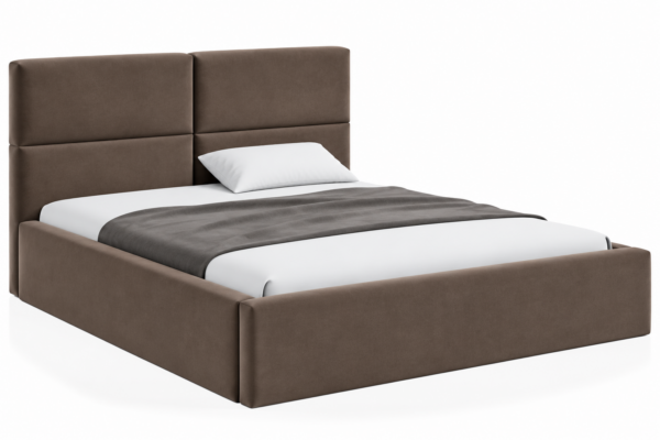 VELLO II gestoffeerd bed met opbergruimte in vlekbestendige stof Casablanca, met een hoog hoofdbord en horizontale vlakverdeling.