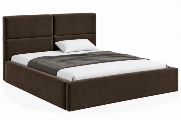 VELLO II gestoffeerd bed met opbergruimte in vlekbestendige stof Casablanca, met een hoog hoofdbord en horizontale vlakverdeling.